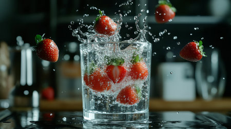 A mesmerizing capture of fresh strawberries splashing into a glass of water, showcasing vibrant colors and refreshing nature. Perfect for food enthusiasts.の素材