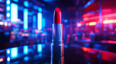 A striking close-up of a vibrant red lipstick displayed on a glossy surface, illuminated by colorful neon lights creating a stylish and modern aesthetic.の素材