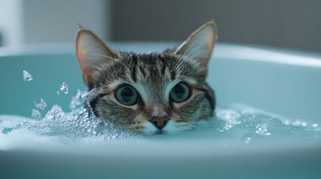 A surprised cat peeks above water in a bathtub, creating a playful scene with splashes. The calm ambiance contrasts with the curious expression of the pet.の素材