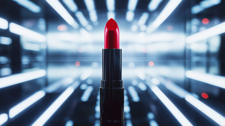This image features a vibrant red lipstick tube on a sleek surface, surrounded by dynamic, bold lighting. Perfect for beauty and cosmetics projects.の素材