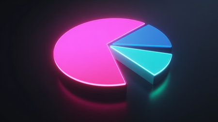A vibrant neon pie chart on a dark background ideal for business presentations. The colorful graphic represents data visualization, analytics, and modern design concepts.の素材