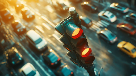 This aerial image captures a busy urban intersection at sunset, featuring a prominent red traffic light against a backdrop of moving vehicles and glowing streets.の素材