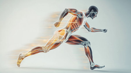 This image features a dynamic human figure showcasing anatomy in motion. The transparent depiction highlights muscles, bones, and the essence of speed, embodying athletic performance.の素材
