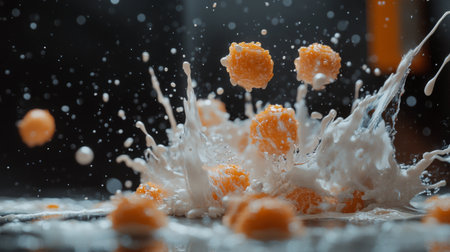 A captivating image of orange food pieces splashing in milk, creating dynamic motion and impact. The vivid colors and textures emphasize the playful nature of this scene.の素材