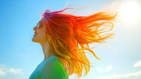 A joyful young woman with vibrant, colorful hair enjoys the wind under a bright blue sky, embodying freedom and happiness in a beautiful outdoor setting.の素材