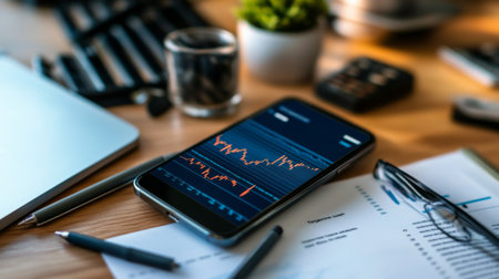 A smartphone displays financial charts and data on a wooden desk surrounded by office supplies. The scene reflects a modern workspace focused on market analysis and investment strategies.の素材