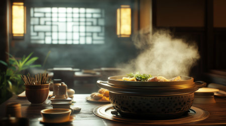 A steaming hot pot filled with fresh ingredients sits on a wooden table in a cozy Asian restaurant, creating a warm and inviting atmosphere perfect for shared meals.の素材