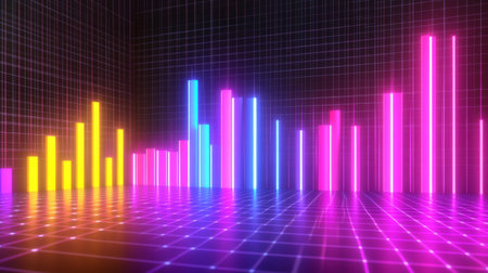 Vibrant neon bar graphs rise from a grid background, showcasing data trends and statistics. The colorful display symbolizes growth and modern technology.の素材
