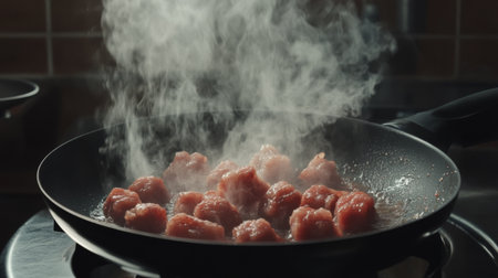 A vibrant scene of raw meatballs sizzling in a frying pan, releasing steam as they cook. The kitchen atmosphere emphasizes the joyful process of meal preparation.の素材