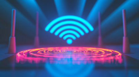 This captivating image features a neon Wi-Fi symbol surrounded by vibrant ripple effects, showcasing modern connectivity and digital energy.の素材