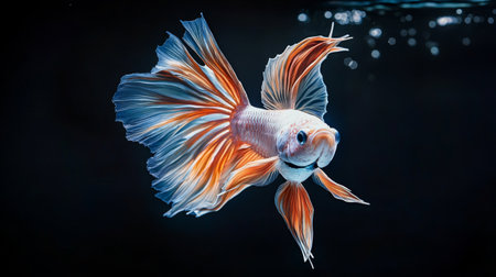 Captivating image of a goldfish gracefully swimming with flowing fins in dark water. This vibrant underwater scene showcases the beauty of aquatic life.の素材