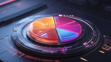 This image showcases a futuristic and vibrant pie chart, surrounded by digital elements, ideal for presentations on data analytics, modern technology, and graphic design.の素材