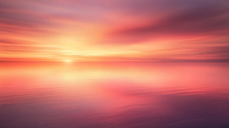 This stunning image captures a serene sunset over calm waters, showcasing vibrant pink and orange hues reflecting on a smooth surface, creating a peaceful atmosphere.の素材