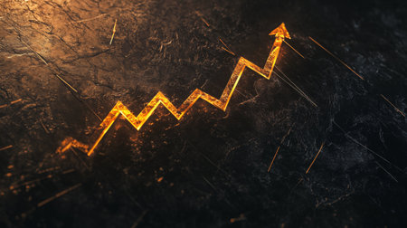 This image features a glowing golden arrow trendline rising on a dark metallic surface, symbolizing growth and success in financial analytics and business strategy.の素材