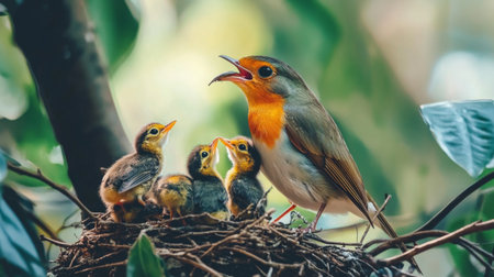 A charming scene of a parent bird feeding its hungry chicks in a cozy nest, surrounded by lush greenery, capturing the essence of nurturing and wildlife.の素材