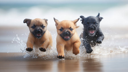 Three adorable puppies splash in the shallow water at the beach, showcasing their joyful energy and playfulness. The vibrant scene highlights their fun-filled adventure in a sunlit setting.の素材
