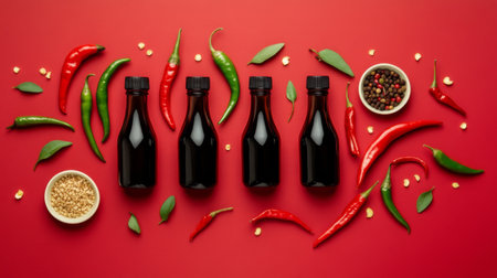 A vibrant flat lay featuring dark spice bottles surrounded by fresh herbs, colorful chili peppers, and peppercorns. Perfect for culinary designs.の素材