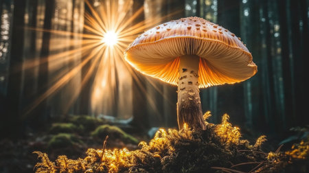 A single large mushroom with a wide cap and thick stalk, growing in a dark forest, with sunlight streaming through the trees and illuminating itの素材