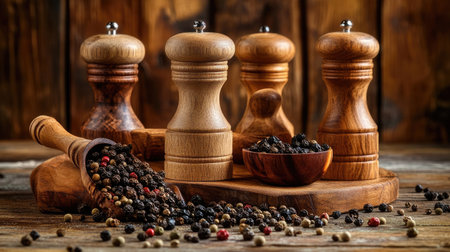 A set of traditional spice mills filled with black and white pepper, placed on a rustic kitchen countertop, showcasing the tools used in flavoring dishesの素材