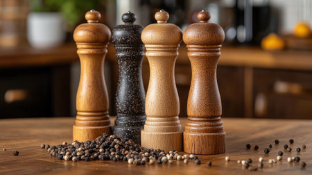 A set of traditional spice mills filled with black and white pepper, placed on a rustic kitchen countertop, showcasing the tools used in flavoring dishesの素材