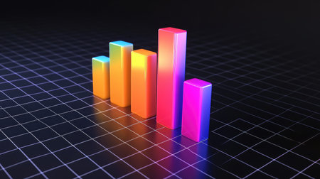 A sleek D bar graph with gradient-colored bars and glowing effects, representing positive financial growth, displayed against a dark digital grid.の素材