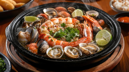 A steaming bowl of seafood soup filled with shrimp, clams, and fish, garnished with fresh cilantro and lime wedges, creating an inviting and aromatic presentationの素材