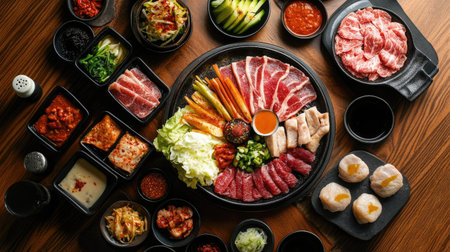A top-down view of an inviting spread featuring  , with an array of marinated meats, fresh vegetables, and sauces, all beautifully arranged on a rustic wooden table.の素材