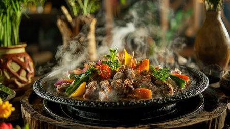A sizzling hot plate of   Moo Krata filled with marinated pork slices, colorful vegetables, and herbs, bubbling away, with steam rising and a vibrant setting showcasing a communal dining experience.の素材