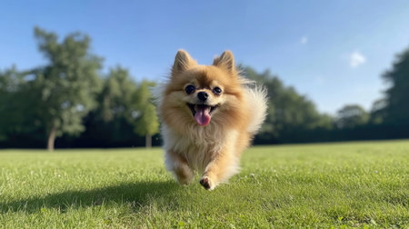 A small, fluffy dog running across a green field, ears flapping and tongue out, with a clear blue sky and trees in the background, full of joy and energyの素材