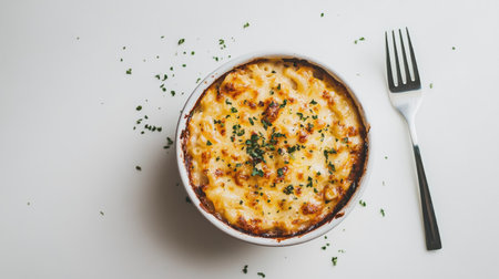 A top-down view of a bowl of cheesy mac and cheese, creamy and rich, garnished with herbs and served with a fork, emphasizing its comforting appeal against a white background.の素材