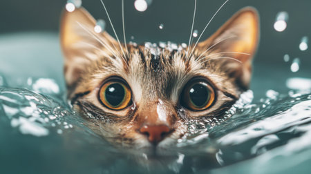 A curious cat emerges gently from water, facing the camera with captivating eyes and fur glistening from droplets, creating an enchanting moment of tranquility.の素材