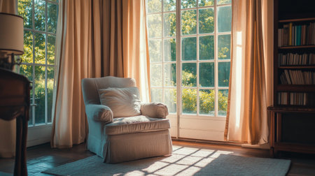 A cozy living room featuring a comfortable armchair bathed in sunlight. Large windows draped with soft curtains allow a view of nature outside, creating a tranquil atmosphere.の素材