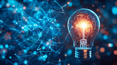 A captivating image of a glowing light bulb surrounded by intricate sparkling connections. This visual represents innovation, creativity, and technological advancement.の素材