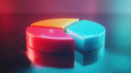 A vibrant D pie chart with colorful segments floating on a reflective surface, surrounded by soft light, symbolizing data distribution and financial analysisの素材