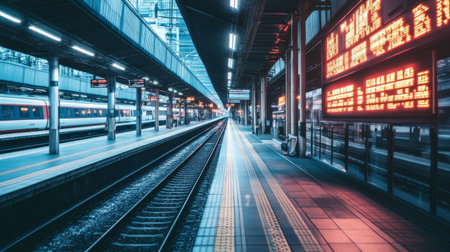 A modern urban train station platform featuring a digital display board at night. The scene captures sleek architecture with a sense of movement and travel.の素材