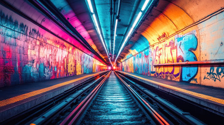 A vibrant subway tunnel with colorful graffiti on the walls, illuminated by bright lights, creating an urban atmosphere as a train approaches in the distanceの素材