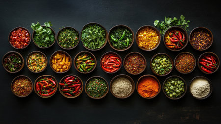 A variety of chili peppers, ranging from mild to hot, arranged in a decorative pattern on a dark background, accompanied by bowls of chili powder and flakes.の素材