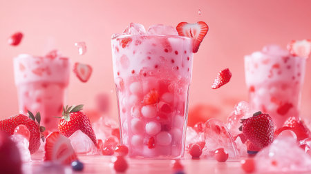 A vibrant bubble tea drink with strawberry-flavored milk tea, red tapioca pearls, and ice, creating a refreshing and fruity presentationの素材
