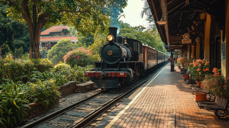 A vintage train pulling into a charming old railway station, surrounded by lush greenery and historic architecture, creating a nostalgic atmosphereの素材