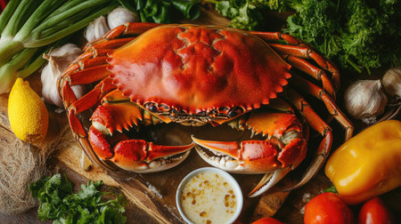 A vibrant seafood dining scene featuring a large platter of steamed crabs served with dipping sauce, surrounded by fresh vegetables and aromatic herbs, inviting guests to indulge.の素材
