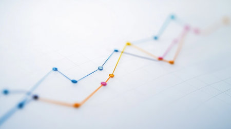 Business line graph with multiple colors, curved lines, and data points on a minimalist white background, showing financial trendsの素材