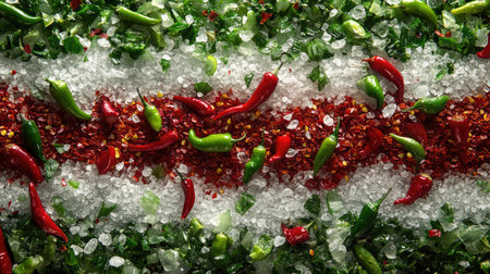 Fresh green and red chili peppers lying on a bed of coarse sea salt and mixed spices, creating a vibrant and flavorful composition.の素材