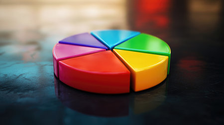 Colorful D pie chart with translucent segments, placed on a dark, reflective surface with soft lighting, symbolizing data visualizationの素材