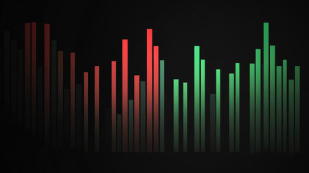 Digital candlestick chart with green and red bars on a black background, representing stock market trends in a business finance settingの素材