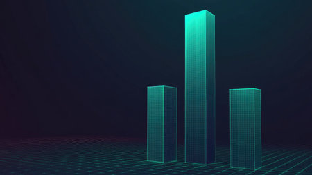 Modern D bar chart with bright bars in shades of green and blue, standing on a grid plane, representing data growth in a professional settingの素材