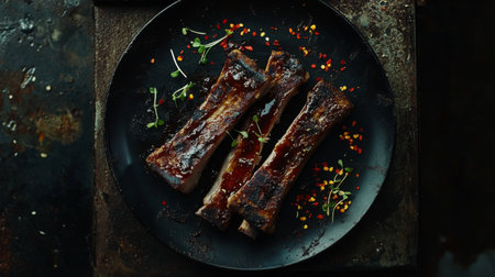 Indulge in this mouthwatering image of savory grilled ribs adorned with vibrant spices and fresh herbs. Perfect for culinary inspiration.の素材