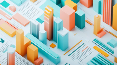 This vibrant geometric cityscape features colorful buildings in 3D design. The abstract representation showcases modern architecture in a playful, artistic manner.の素材