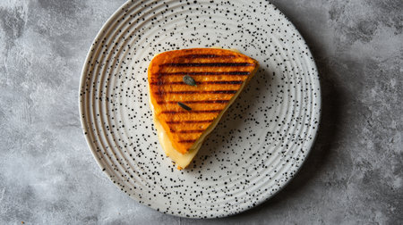 A beautifully grilled cheese sandwich slice rests on a speckled plate, showcasing a crisp golden crust and a delightful texture, perfect for gourmet presentation.の素材