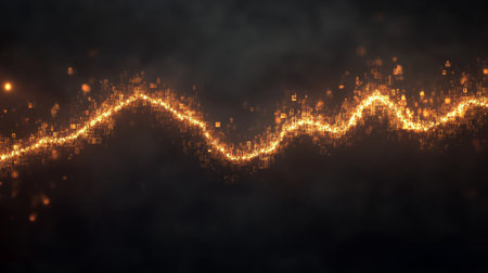 This stunning image features a glowing golden wave of light against a dark backdrop, perfect for conveying creativity, elegance, and modern design concepts.の素材