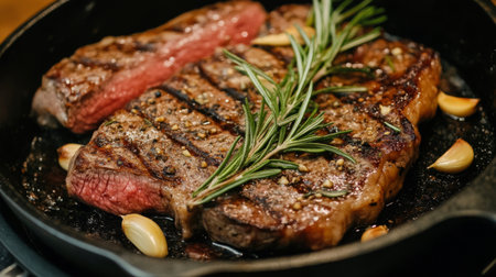 Indulge in a mouthwatering grilled steak adorned with fresh rosemary and garlic. This vibrant dish captures the essence of gourmet cooking, perfect for any dining occasion.の素材
